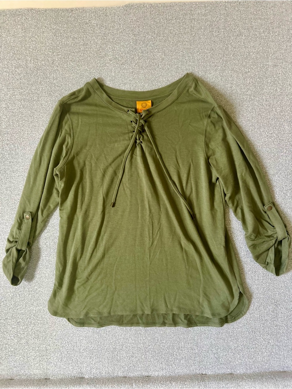 Ruby Rd Olive Green Lace Up V-Neck Top Knit Roll Tab Sleeve Size M